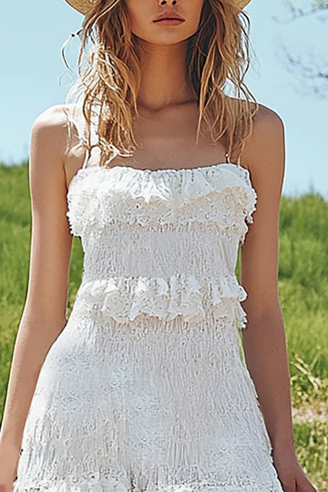 Ivory Lace Spaghetti Straps Engagement Dress with Ruffles